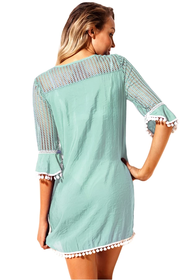 Celadon Crochet Insert  Pom Pom Trim Tunic Cover Up Dress 